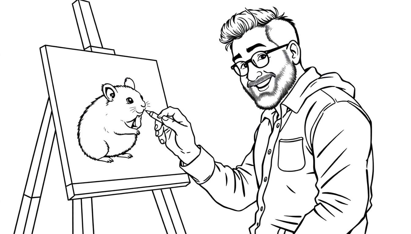 Kleurplaat: Man met baard en bril schildert lachende hamster met krijtje.