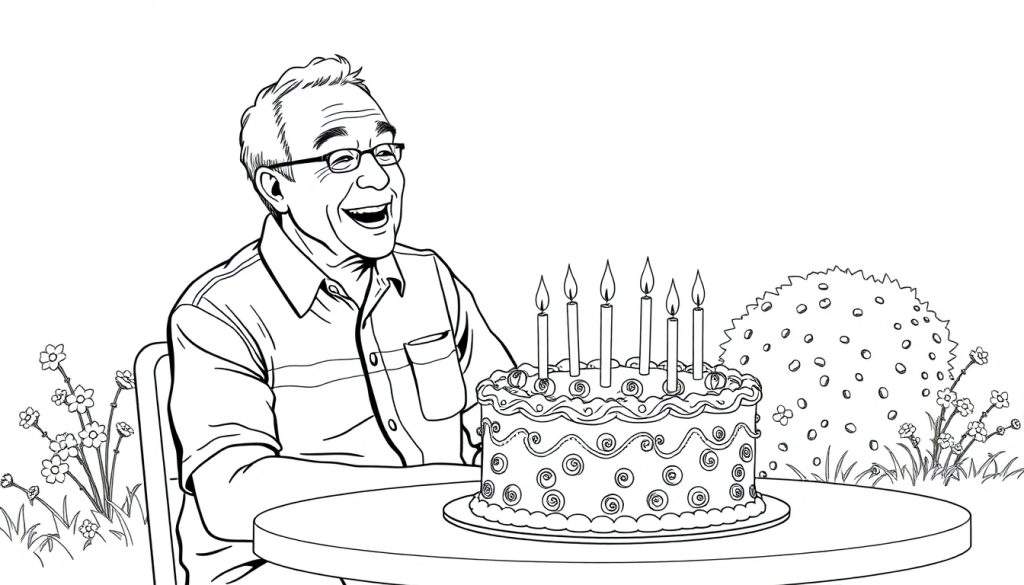 Kleurplaat van een lachende man van 72 met 6 brandende kaarsen op zijn verjaardagstaart in de tuin.