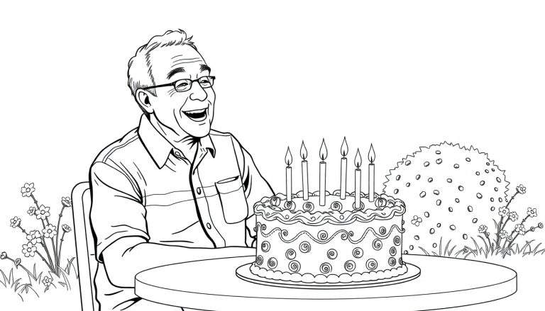 Kleurplaat van een lachende man van 72 met 6 brandende kaarsen op zijn verjaardagstaart in de tuin.