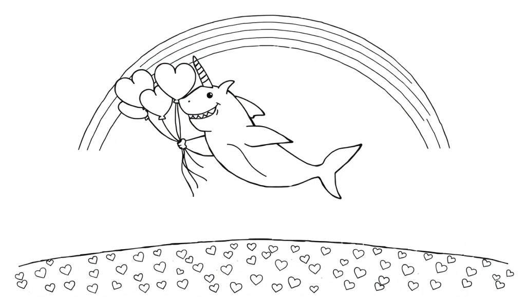 Een zwart-wit kleurplaat van een vriendelijke haai met eenhoornhoorn die hartjesballonnen vasthoudt onder een regenboog, met hartjes op een heuvel.