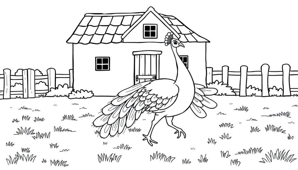 Kleurplaat van een pauw bij een boerderij.