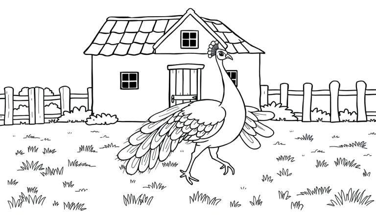 Kleurplaat van een pauw bij een boerderij.