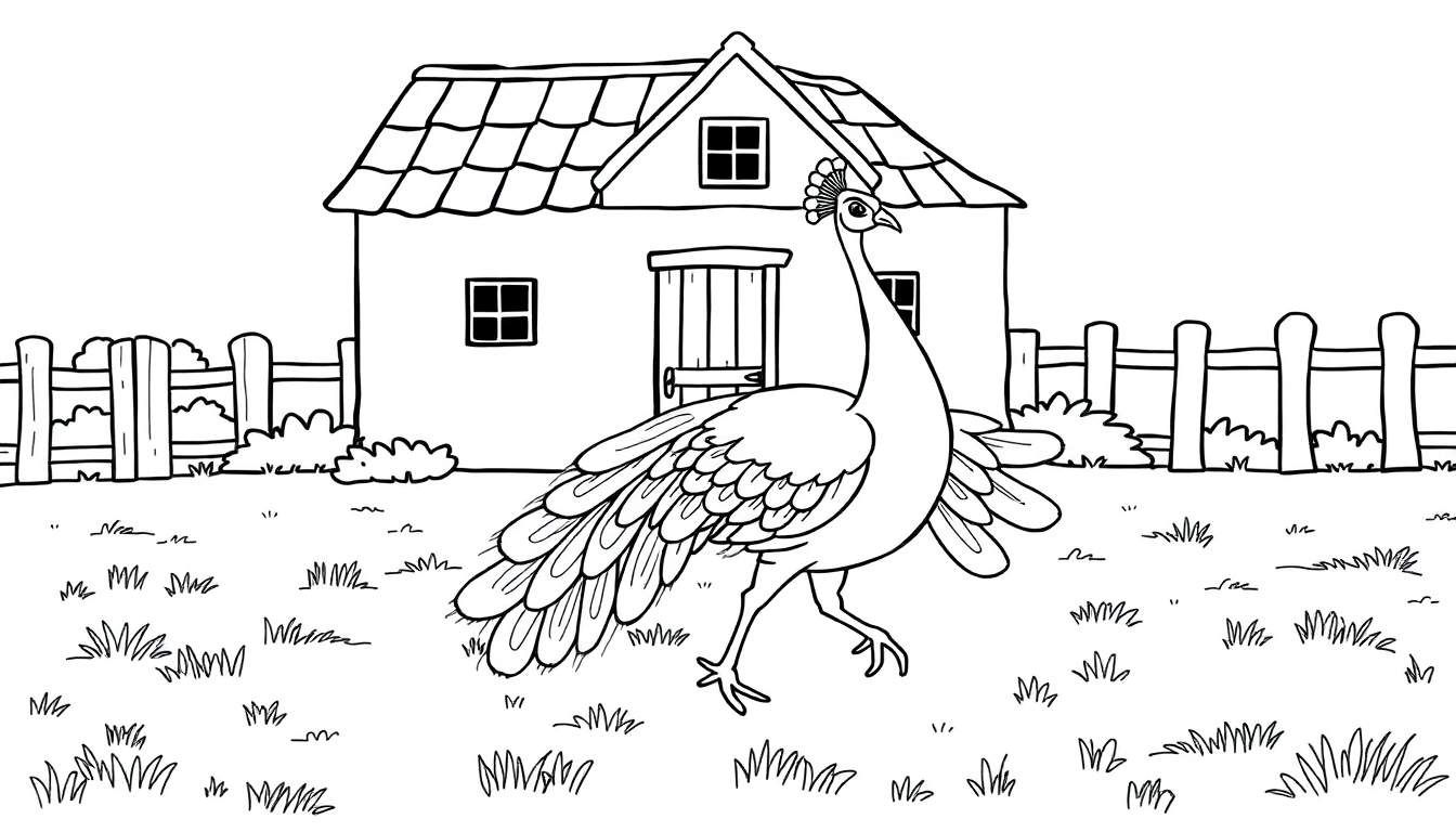 Kleurplaat van een pauw bij een boerderij.