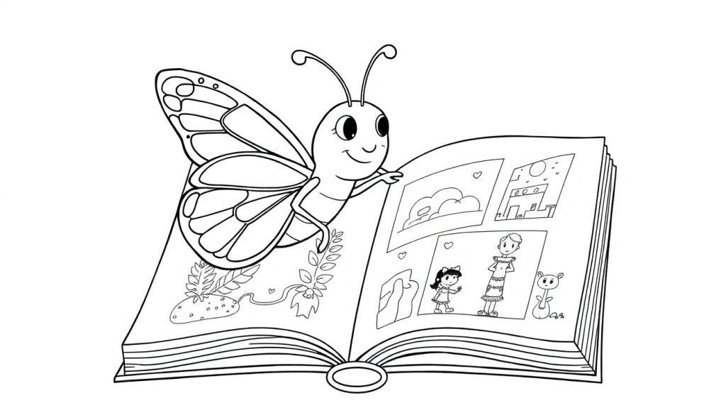 Een getekende vlinder die een open kleurplaat boek bekijkt.
