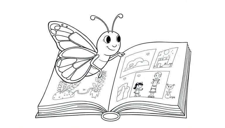 Een getekende vlinder die een open kleurplaat boek bekijkt.
