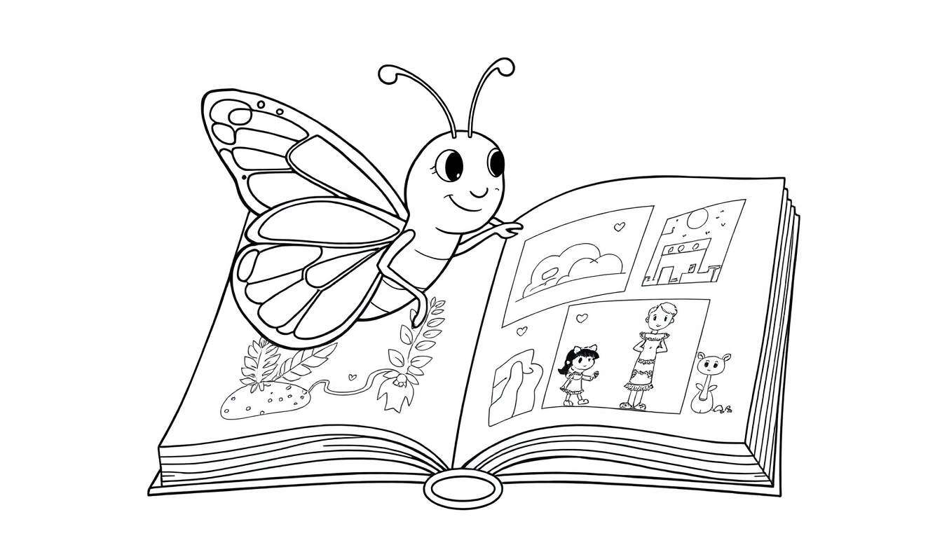 Een getekende vlinder die een open kleurplaat boek bekijkt.