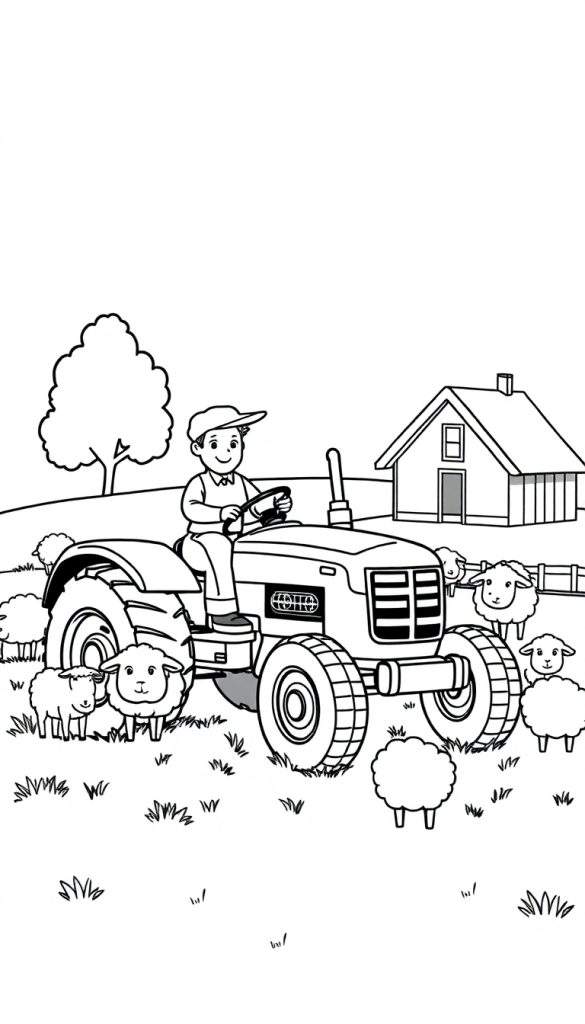 Kleurplaat van een jongen op een tractor met schapen