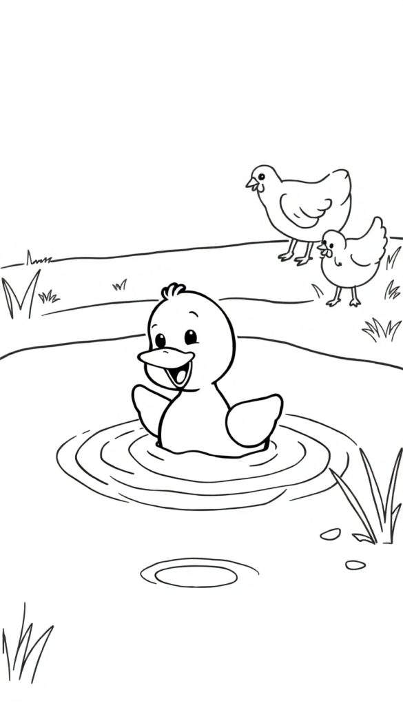 Een kleurplaat van een eendje dat zwemt in een vijver met kringen, met een hen en een kuiken op de achtergrond.