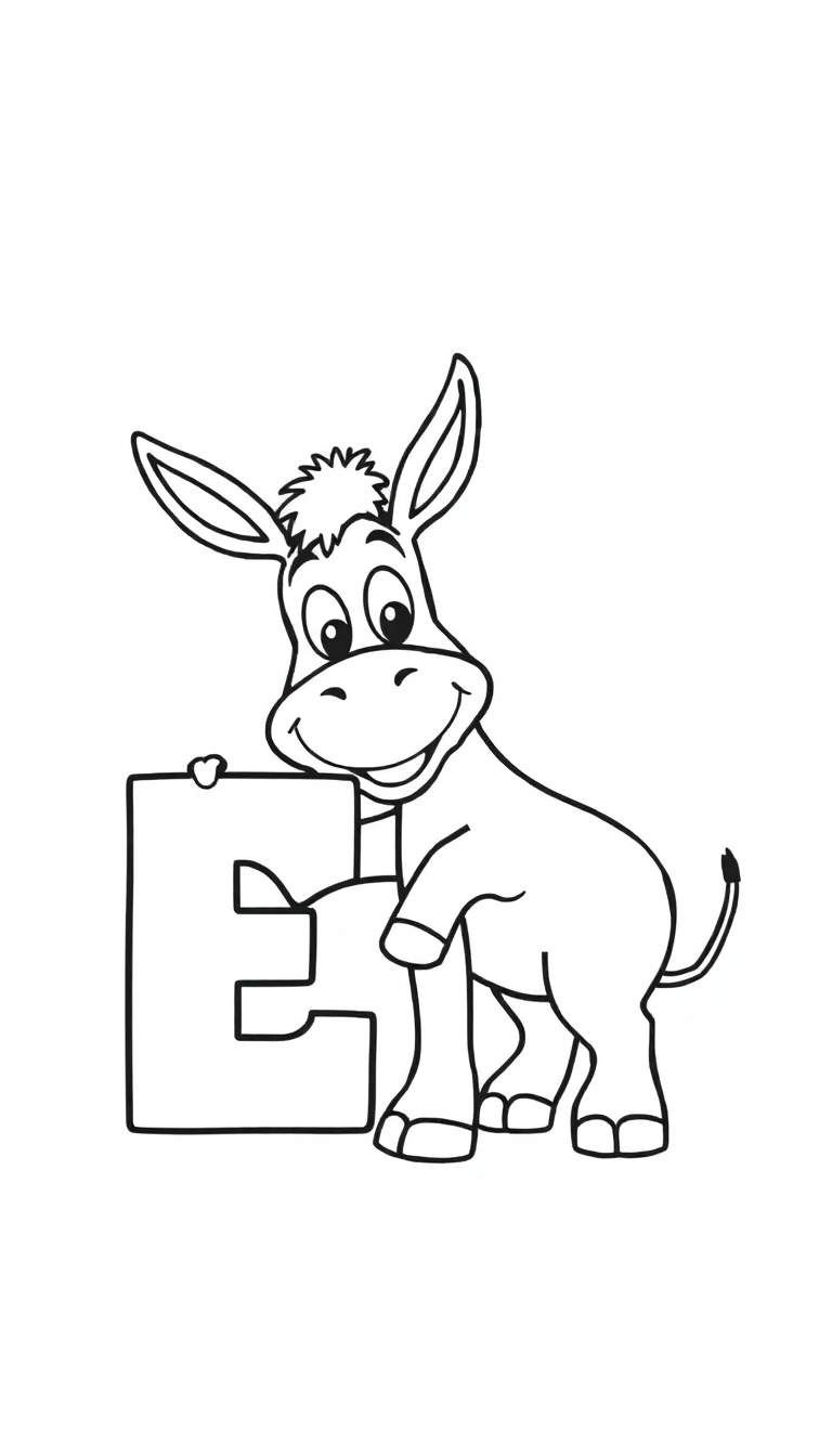 Kleurplaat van een vrolijke ezel naast de letter E.