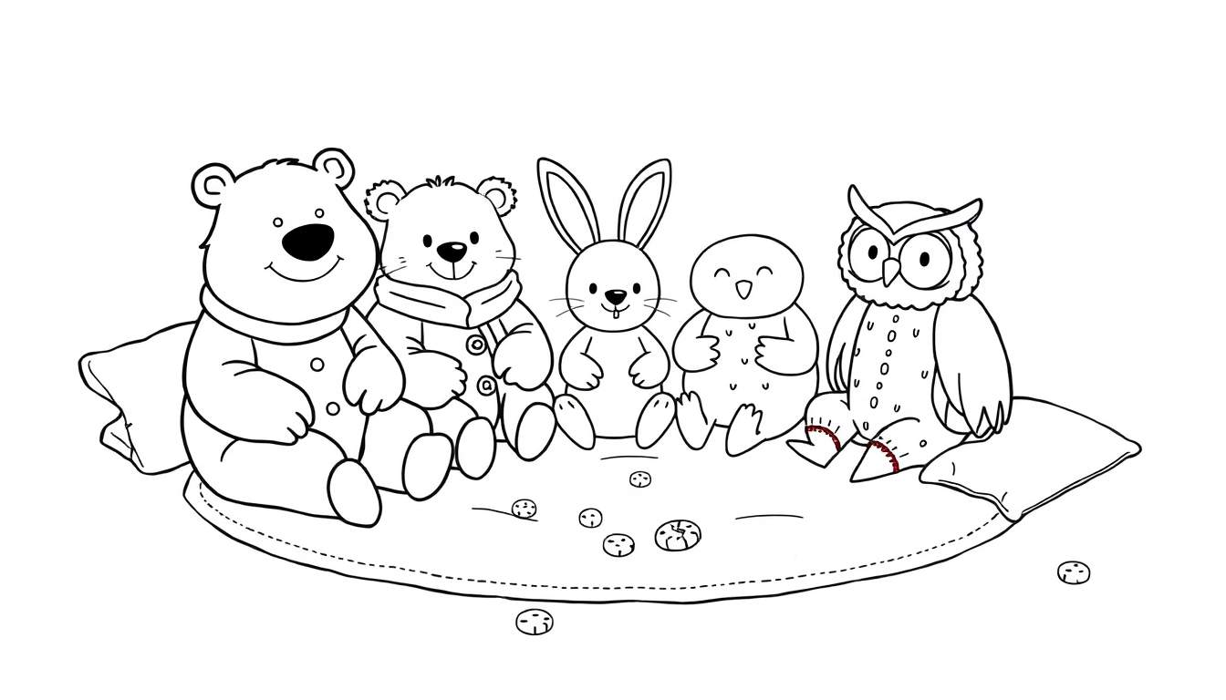 Kleurplaat van een gezellig dieren logeerfeest met knuffelberen, een konijn, een vogel en een uil die samen op een kleed zitten.
