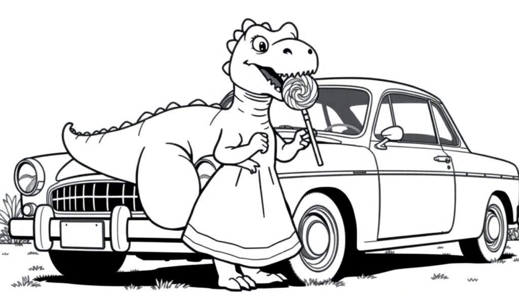 Kleurplaat van een dinosaurus in een jurk met een lolly bij een oude auto.