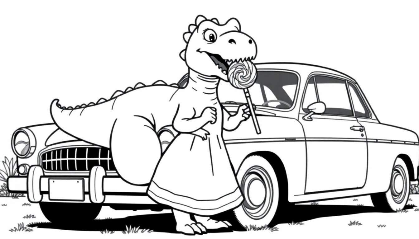 Kleurplaat van een dinosaurus in een jurk met een lolly bij een oude auto.
