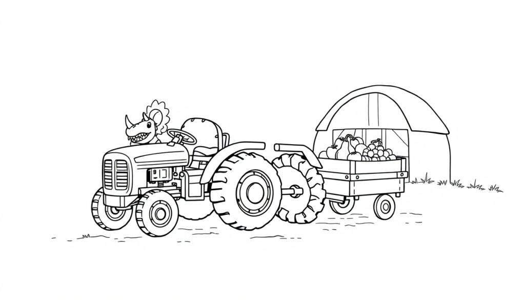 Kleurplaat van een dinosaurus op een tractor met een kar vol groenten.