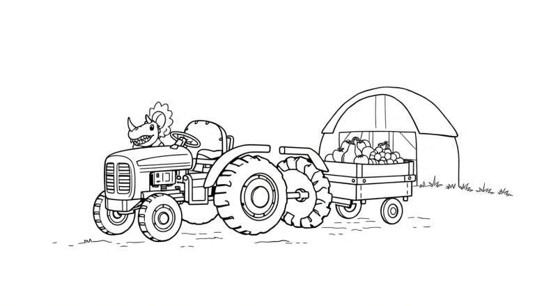 Kleurplaat van een dinosaurus op een tractor met een kar vol groenten.