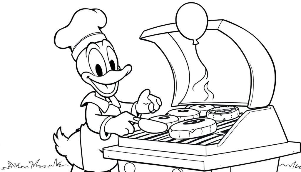Donald Duck, in koksmuts en schort, barbecuet hamburgers, een kleurplaat.