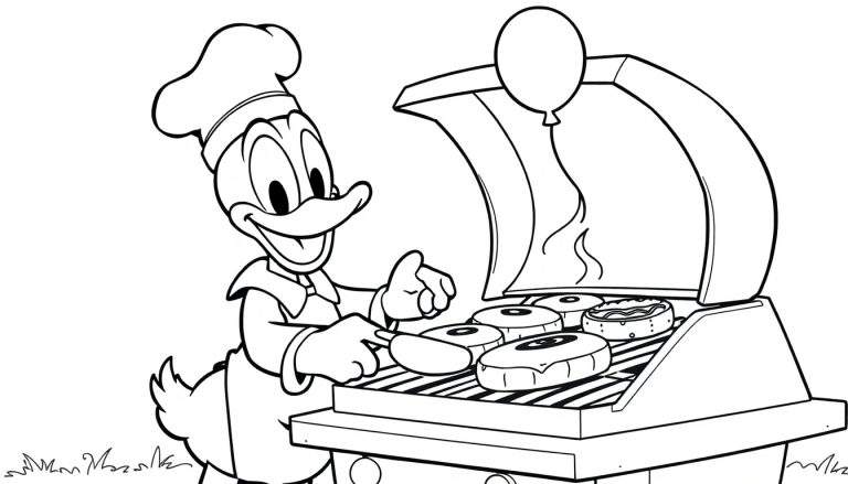 Donald Duck, in koksmuts en schort, barbecuet hamburgers, een kleurplaat.