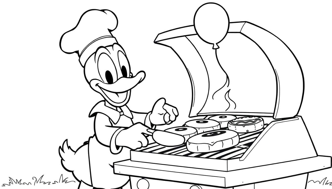 Donald Duck, in koksmuts en schort, barbecuet hamburgers, een kleurplaat.