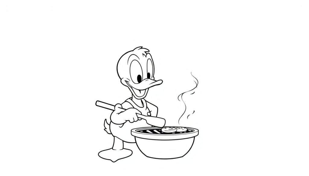 Kleurplaat van Donald Duck die aan het barbecueën is met een spatel.
