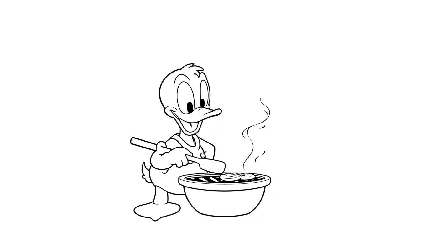 Kleurplaat van Donald Duck die aan het barbecueën is met een spatel.