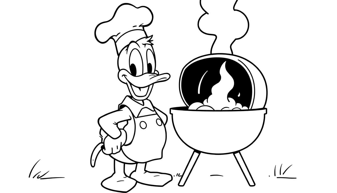 Kleurplaat van Donald Duck als kok bij een rokende barbecue.