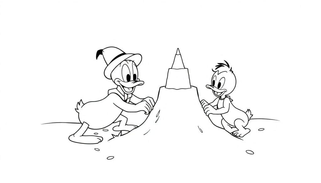 Kleurplaat van Donald Duck en een neefje die een zandkasteel bouwen op het strand.
