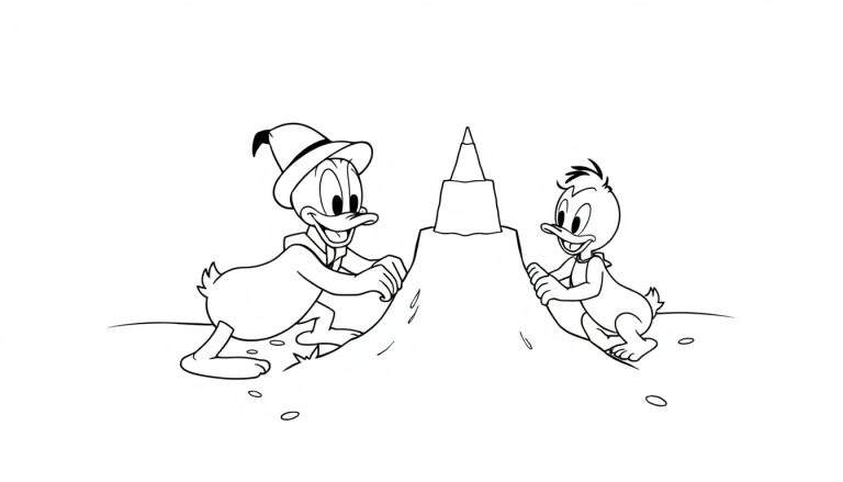 Kleurplaat van Donald Duck en een neefje die een zandkasteel bouwen op het strand.