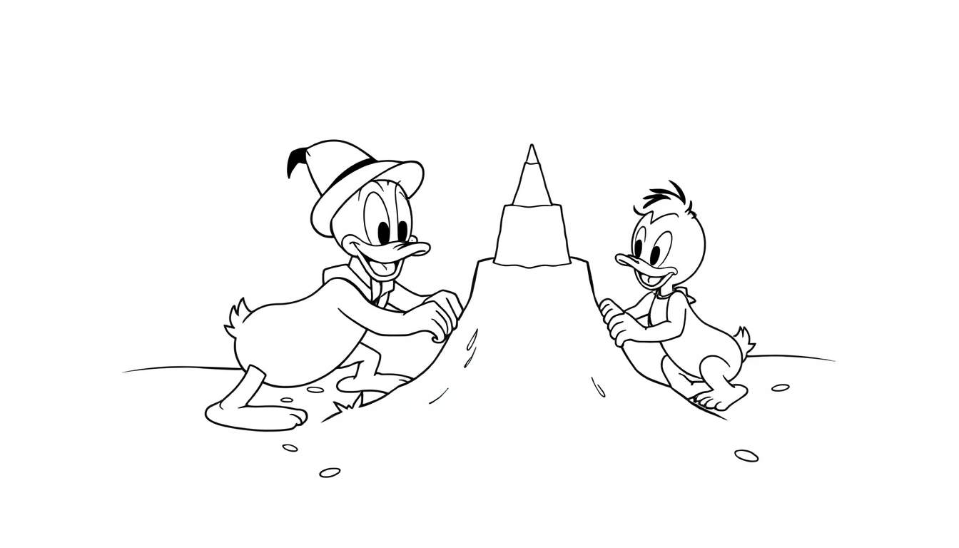 Kleurplaat van Donald Duck en een neefje die een zandkasteel bouwen op het strand.