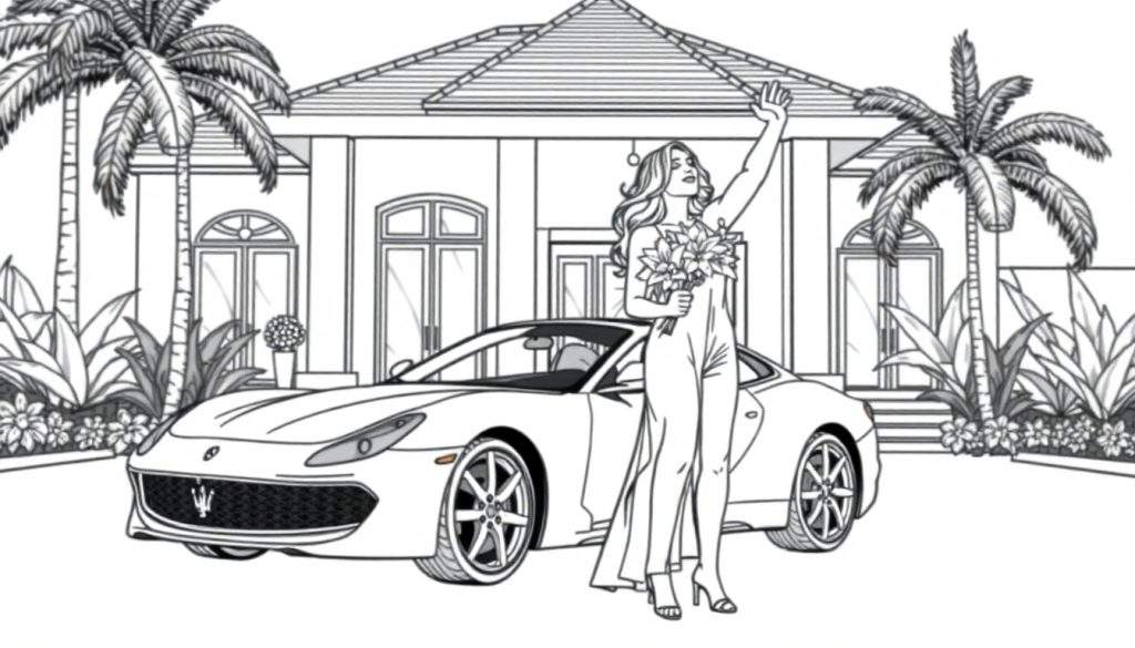 Een kleurplaat van een vrouw met een boeket voor een sportwagen en een wit huis met palmbomen.