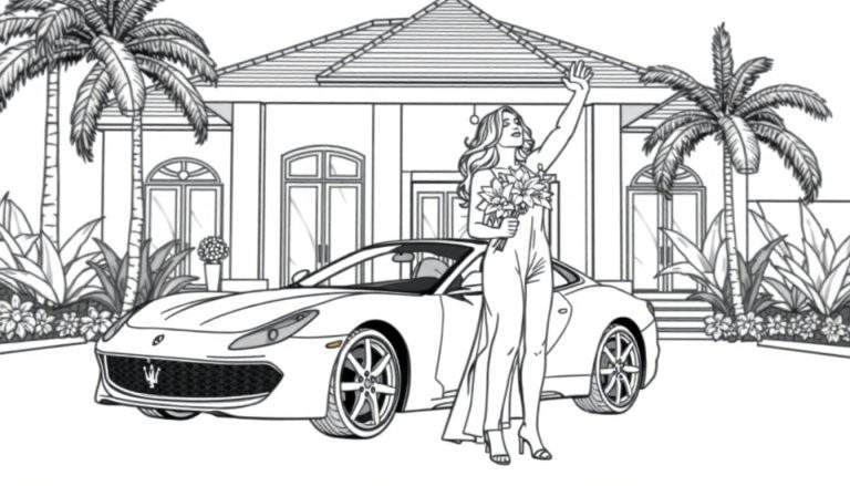 Een kleurplaat van een vrouw met een boeket voor een sportwagen en een wit huis met palmbomen.