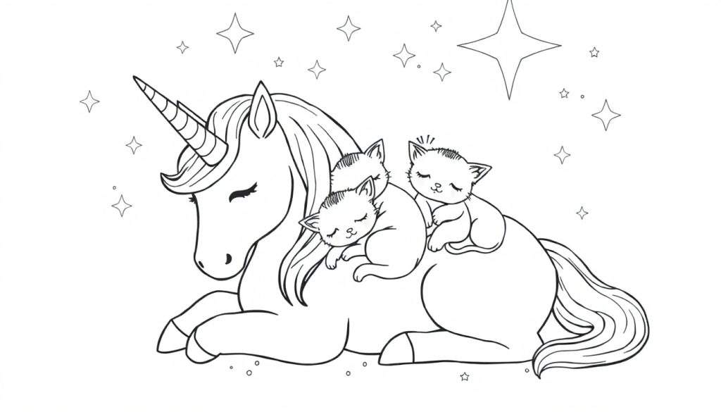 Zwart-wit kleurplaat van een slapende eenhoorn met drie kittens.