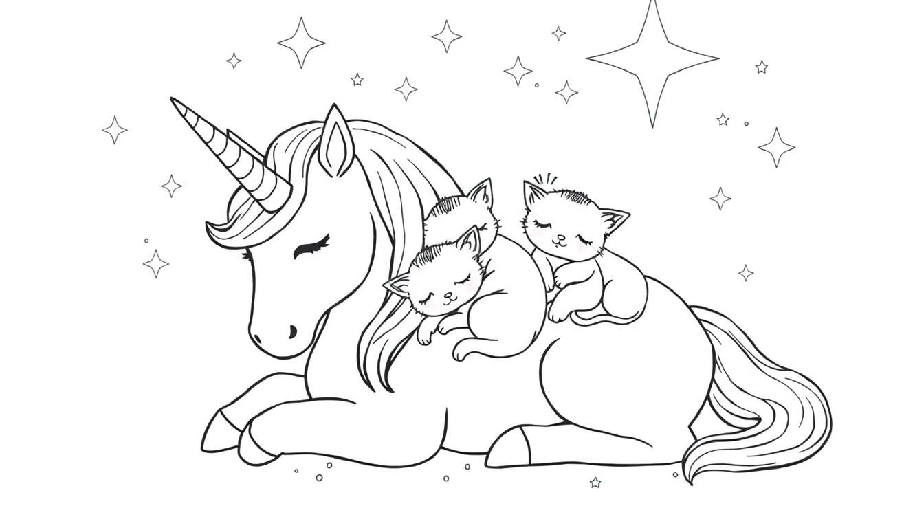 Zwart-wit kleurplaat van een slapende eenhoorn met drie kittens.