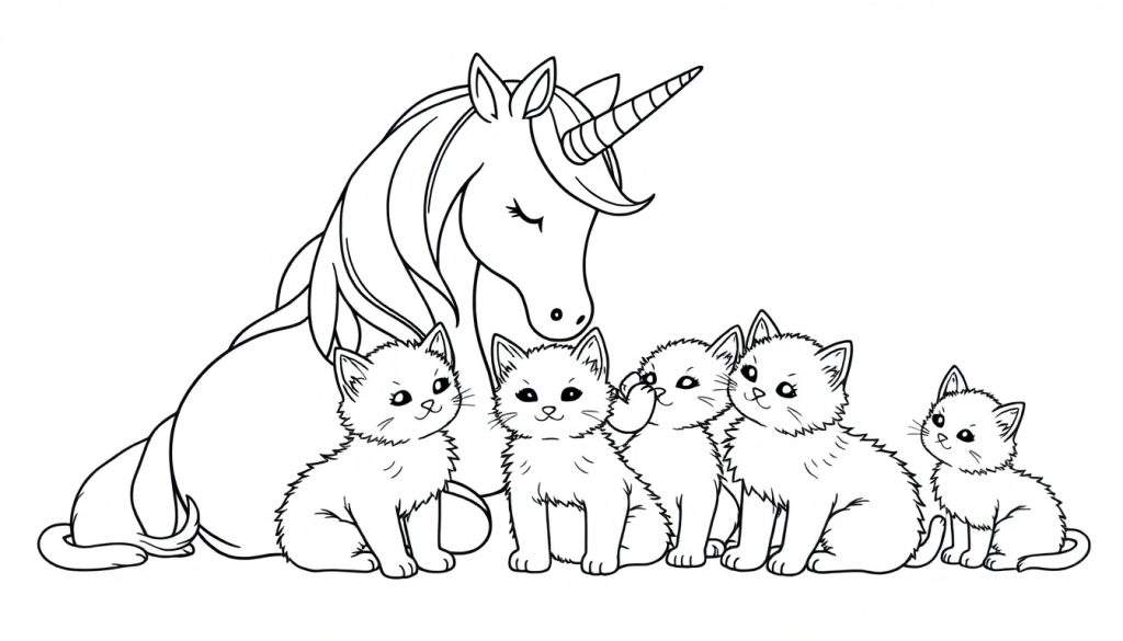 Zwart-wit kleurplaat van een eenhoorn met vijf kittens.