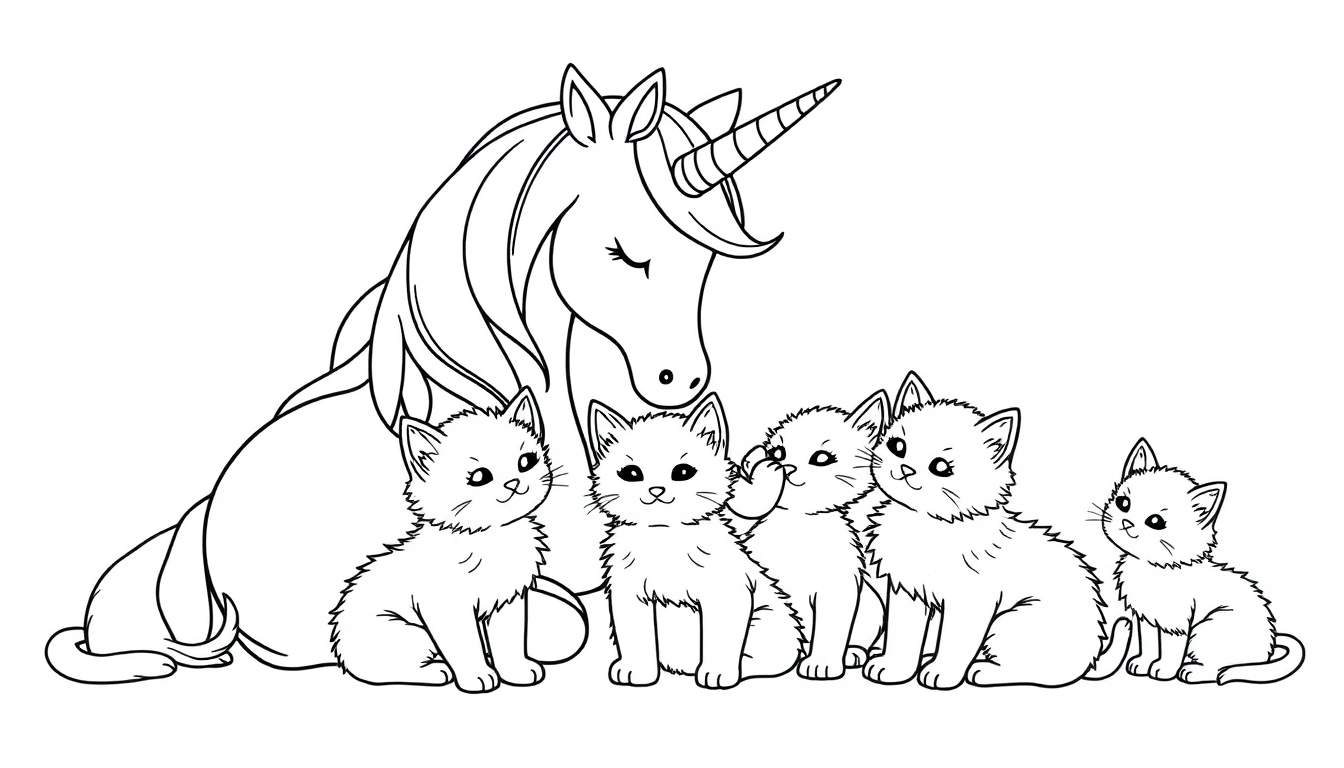 Zwart-wit kleurplaat van een eenhoorn met vijf kittens.