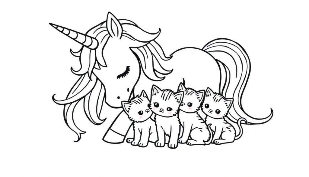 Kleurplaat van een lieve eenhoorn met vier spelende katjes.