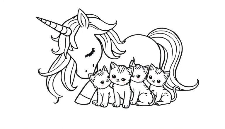 Kleurplaat van een lieve eenhoorn met vier spelende katjes.