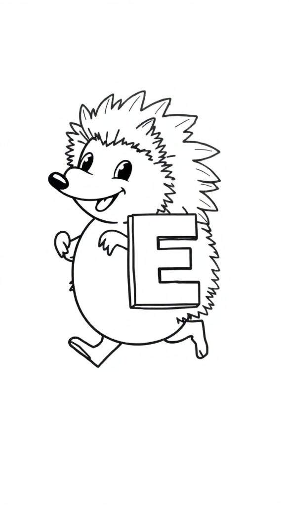 Kleurplaat van een blije egel die de letter E vasthoudt, met speelse stekels.