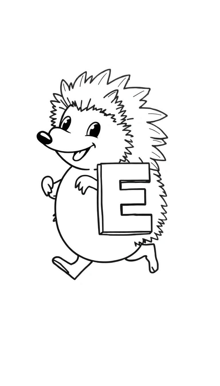 Kleurplaat van een blije egel die de letter E vasthoudt, met speelse stekels.