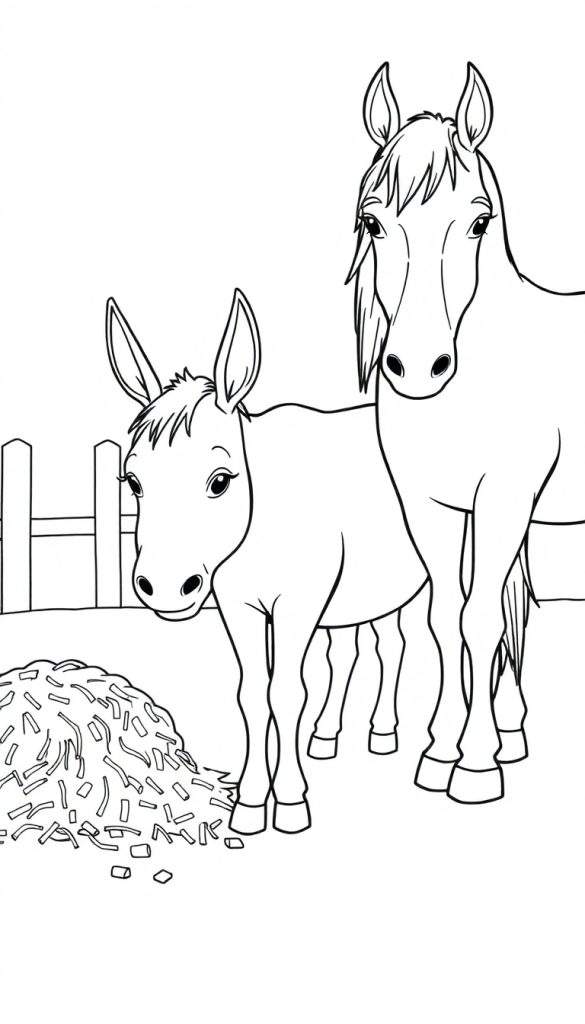 Kleurplaat van een lieve ezel en een paard bij een hek.