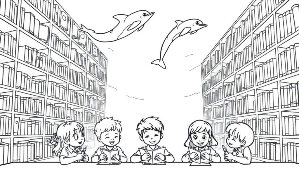 Kleurplaat van kinderen die in een fantasiebibliotheek lezen met zwemmende dolfijnen