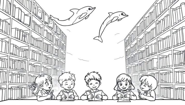 Kleurplaat van kinderen die in een fantasiebibliotheek lezen met zwemmende dolfijnen