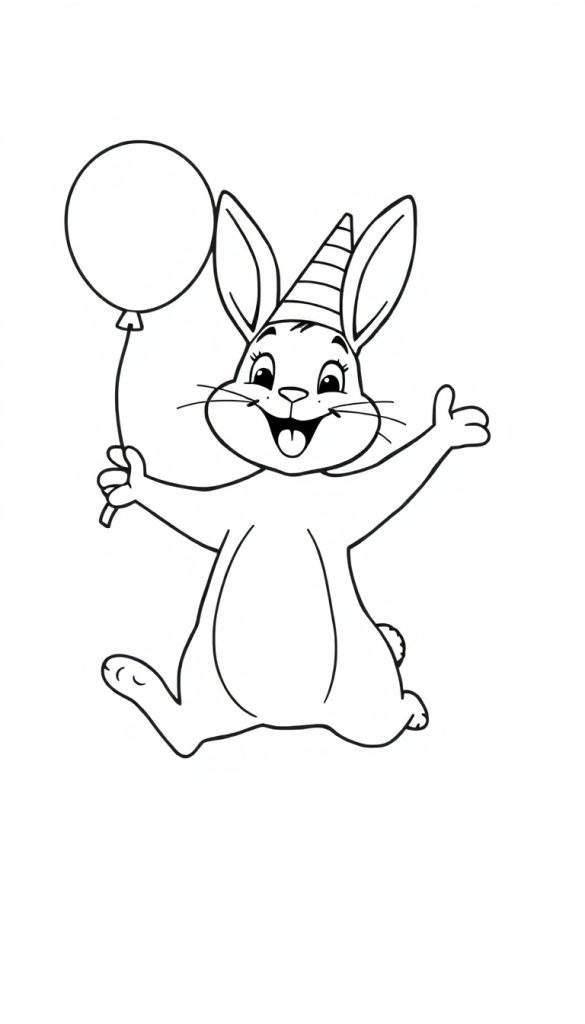 Vrolijk konijn kleurplaat met feestmuts en ballon