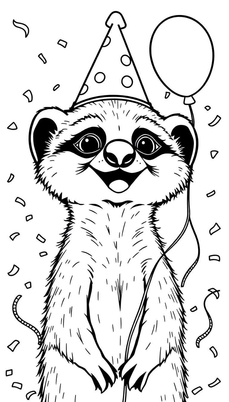 Een vrolijk stokstaartje met een feestmuts en een ballon, omringd door confetti.