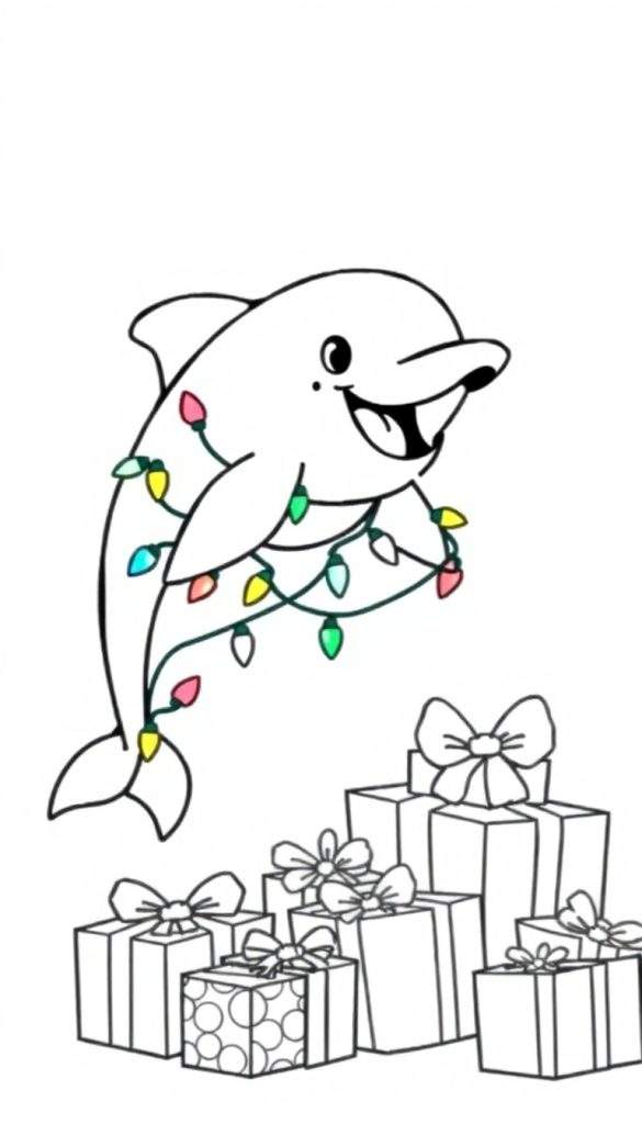 Vrolijke cartoon dolfijn met kerstlampjes en cadeautjes, klaar voor een kleurplaat.