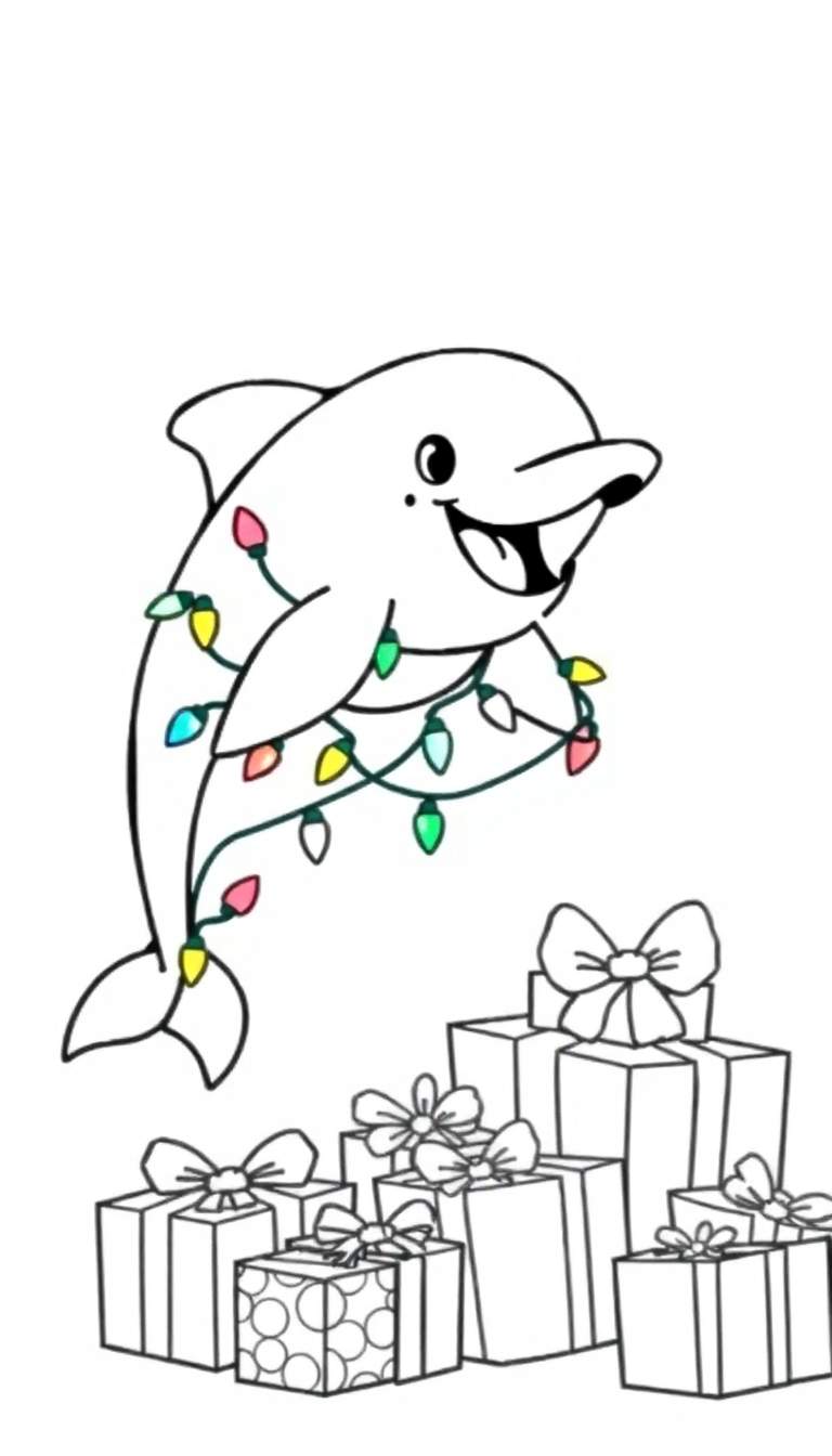Vrolijke cartoon dolfijn met kerstlampjes en cadeautjes, klaar voor een kleurplaat.