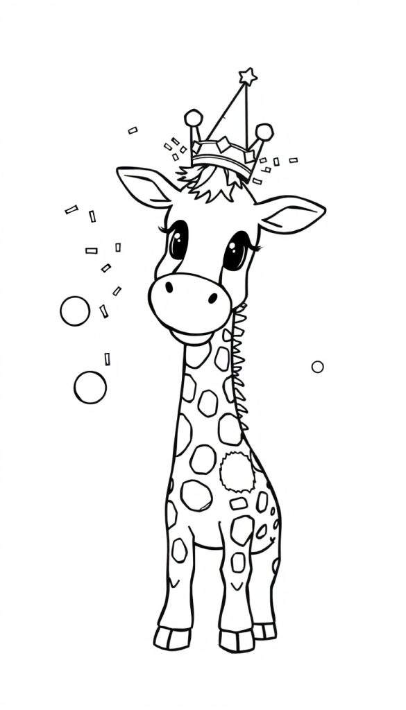 Zwart-witte kleurplaat van een schattige baby giraffe met een feestmuts.