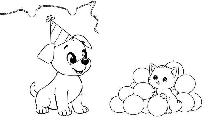 Kleurplaat van een puppy met verjaardagshoed en een kitten in ballonnen.