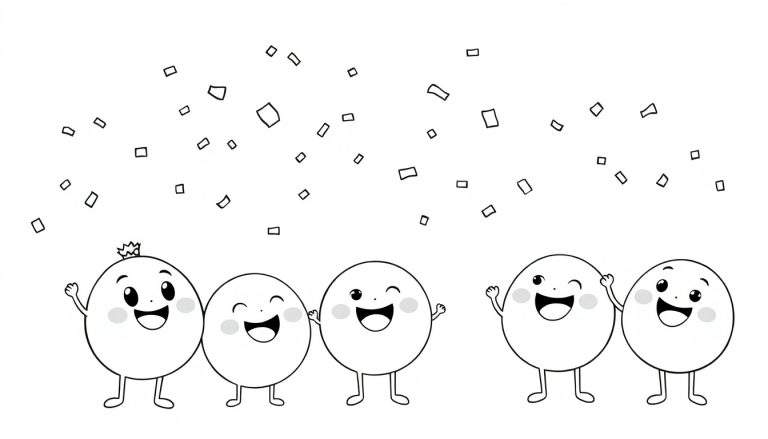 Zwarte-witte kleurplaat van vijf vrolijke, ronde figuurtjes die feestvieren met vallende confetti.