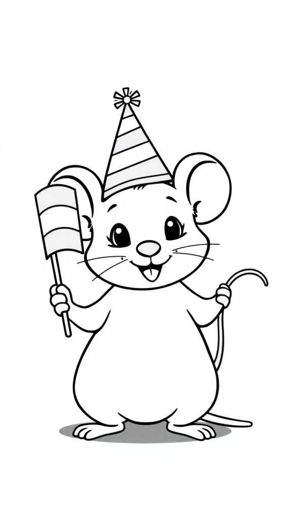 Een feestelijke zwart-witte kleurplaat van een vrolijke muis met een feestmuts en een vlaggetje.