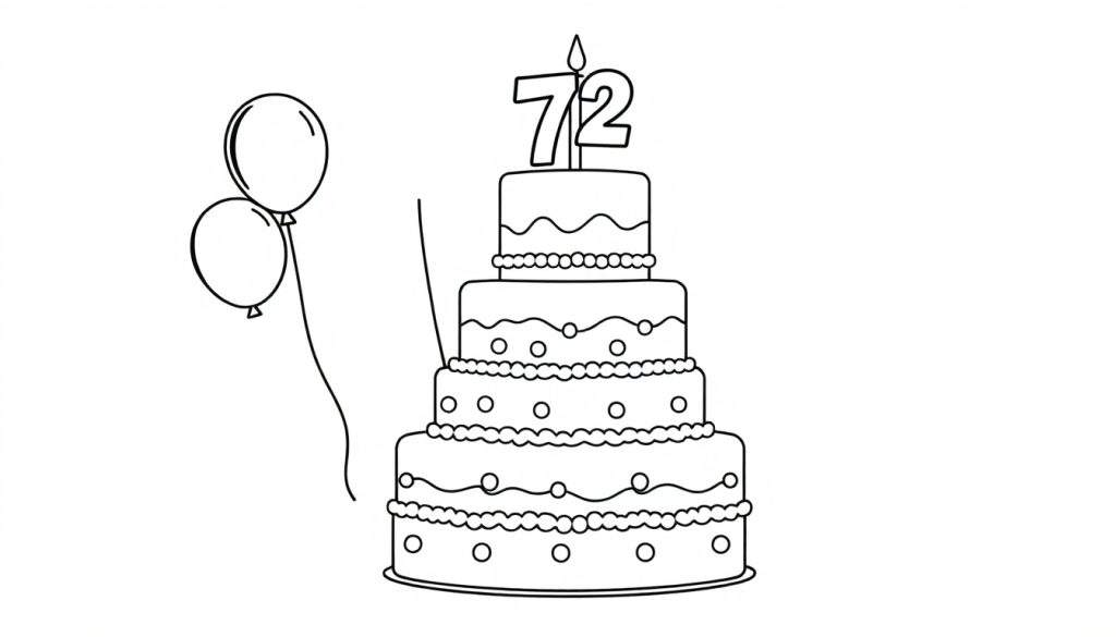 Kleurplaat van een grote taart met 72 kaarsjes.