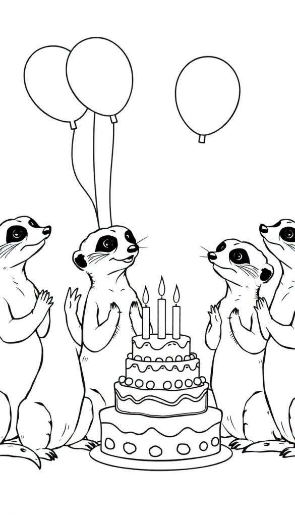 Zwart-wit kleurplaat van een groep meerkats die een verjaardag vieren met een drielaagse taart en ballonnen.